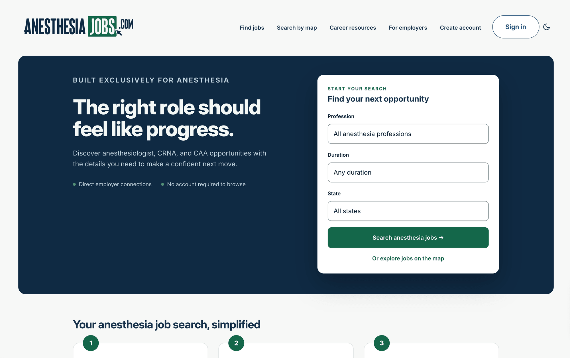 AnesthesiaJobs.com homepage, September 2026